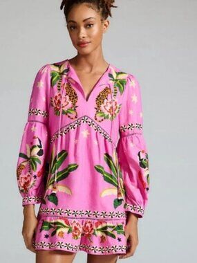 Farm Rio Pink Leopard Forest Mini Dress XS Tropical Ruffle Palm